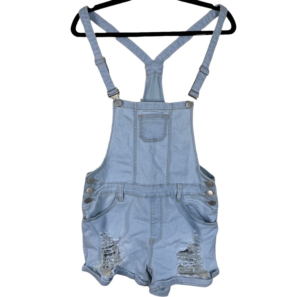 American Bazi Distressed Stretchy Light-wash Denim Overall Shorts Size L Stretch